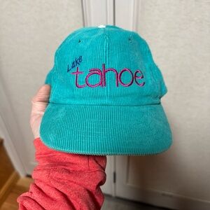 Vintage Lake Tahoe Snapback Hat Corduroy 80s Cap Turquoise Neon Pink